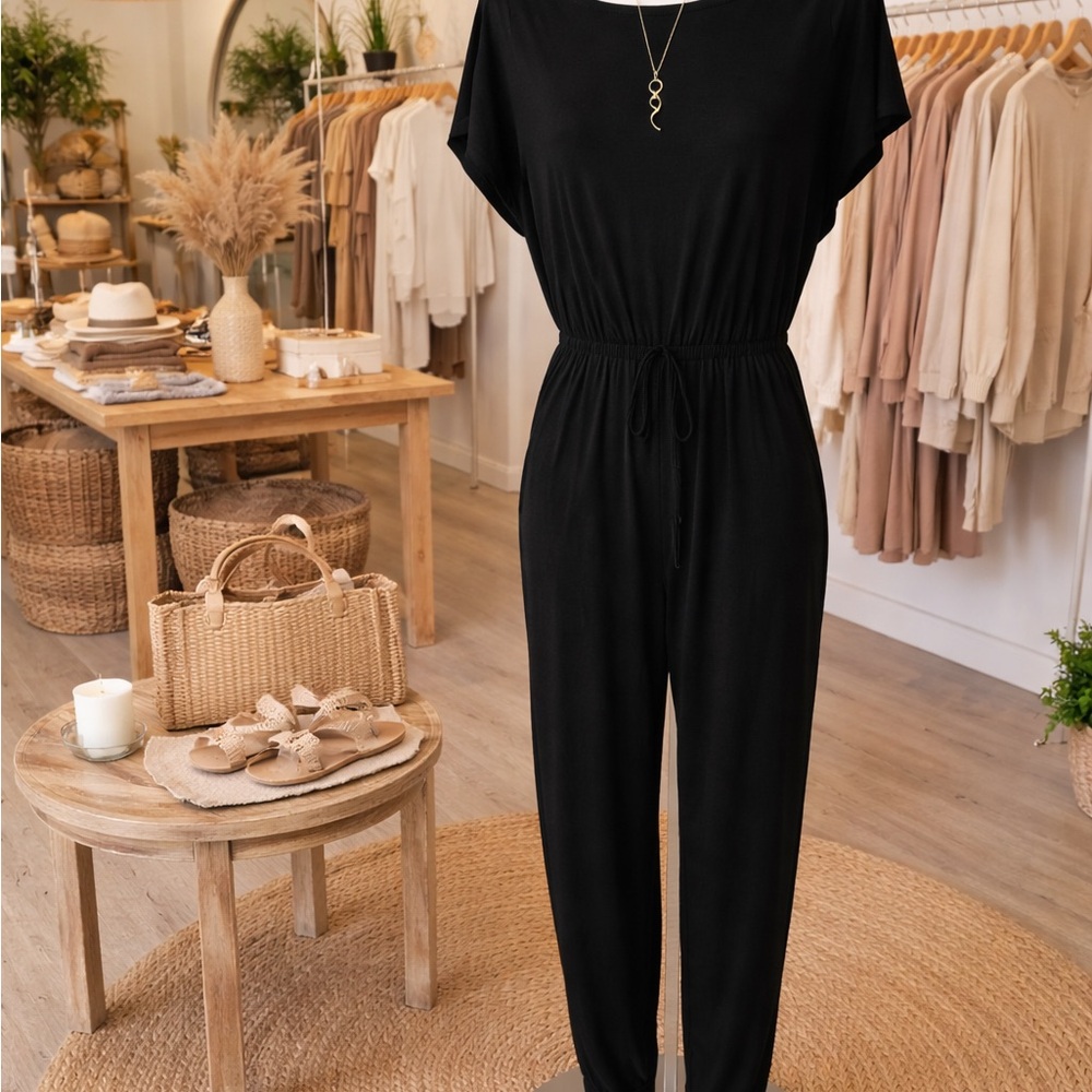 Women's Black Jumpsuit with Drawstring Waist With Handmade Gold Necklace